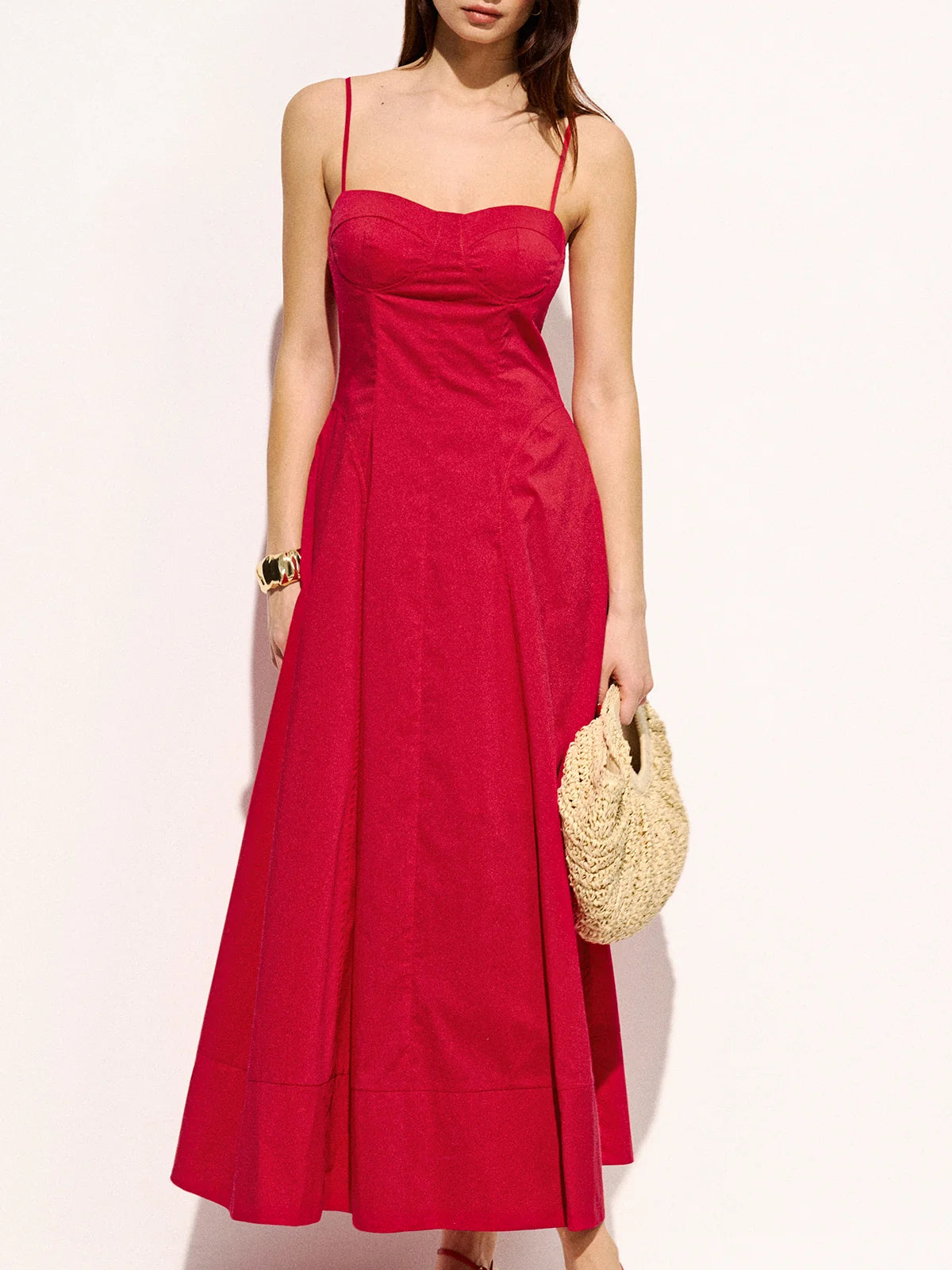 Cotton Blend Pocketed Cami Flared Maxi Dress