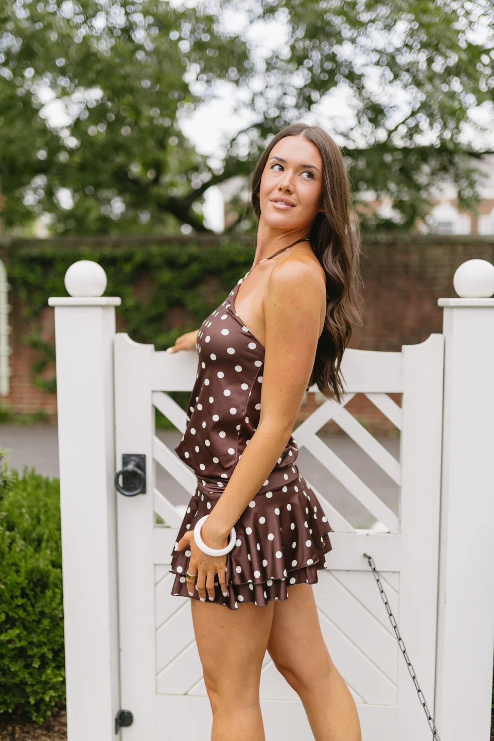 Mocha Polka Dot Halter Mini Dress