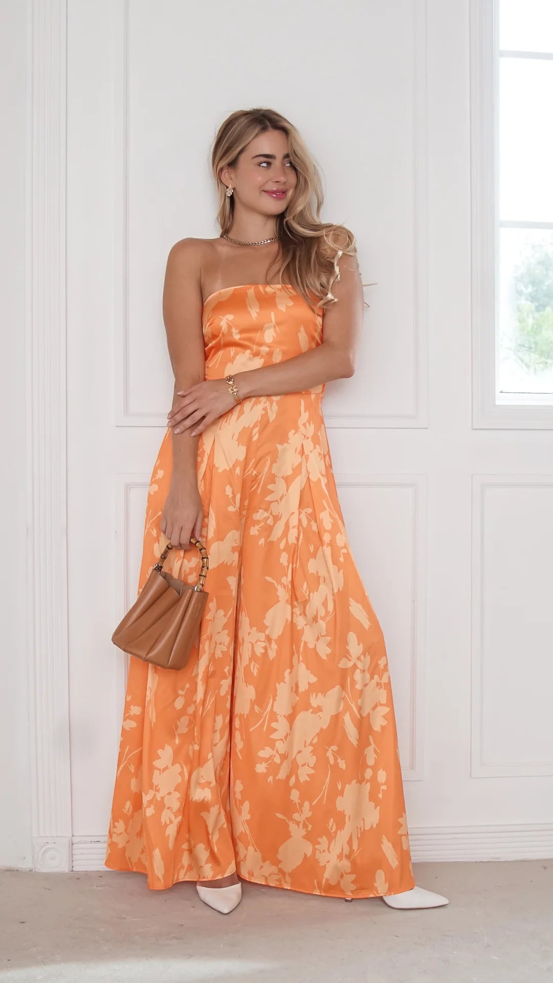 Orange Floral Strapless Wide-Leg Jumpsuit