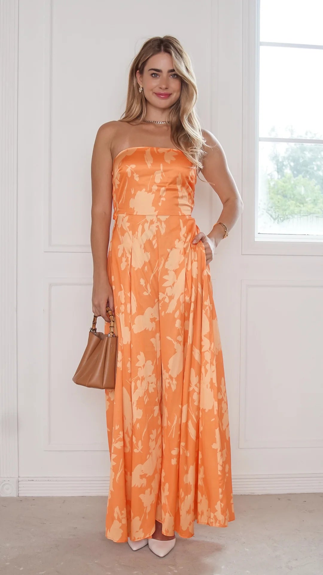 Orange Floral Strapless Wide-Leg Jumpsuit