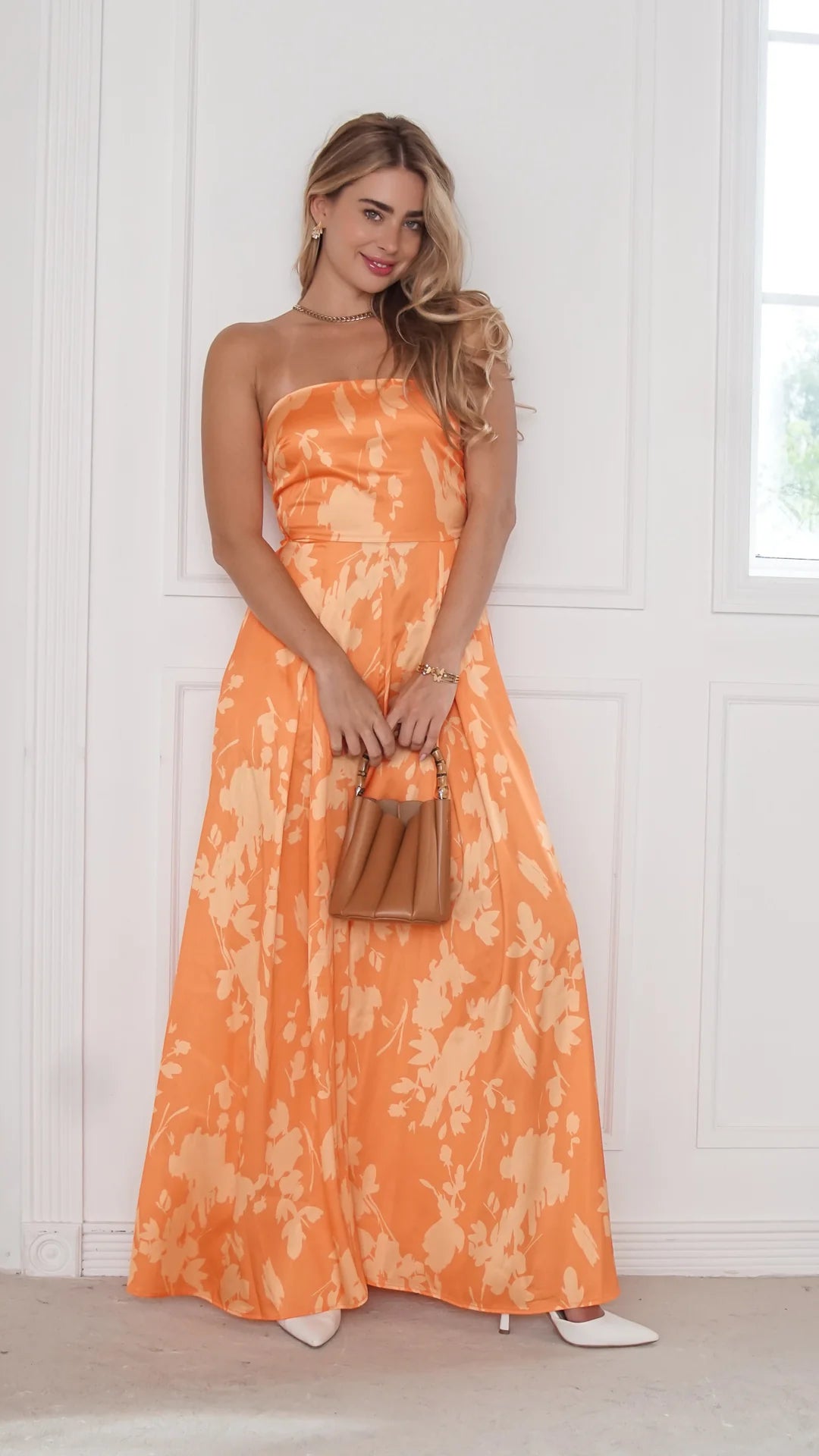 Orange Floral Strapless Wide-Leg Jumpsuit