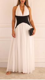 Ivory & Black Halter Pleated Maxi Dress