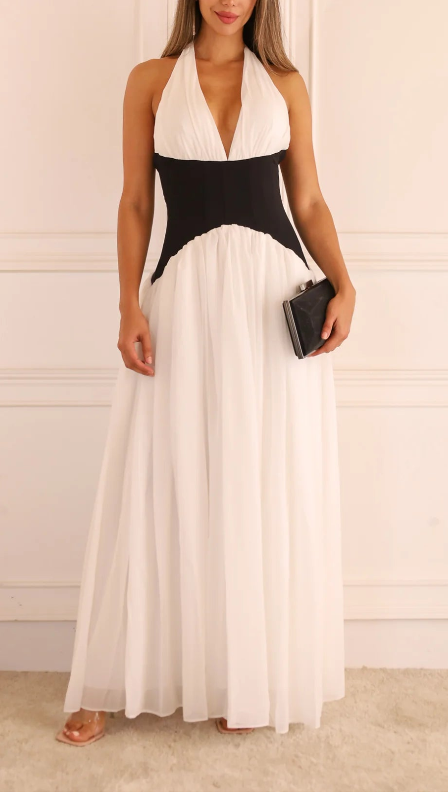 Ivory & Black Halter Pleated Maxi Dress