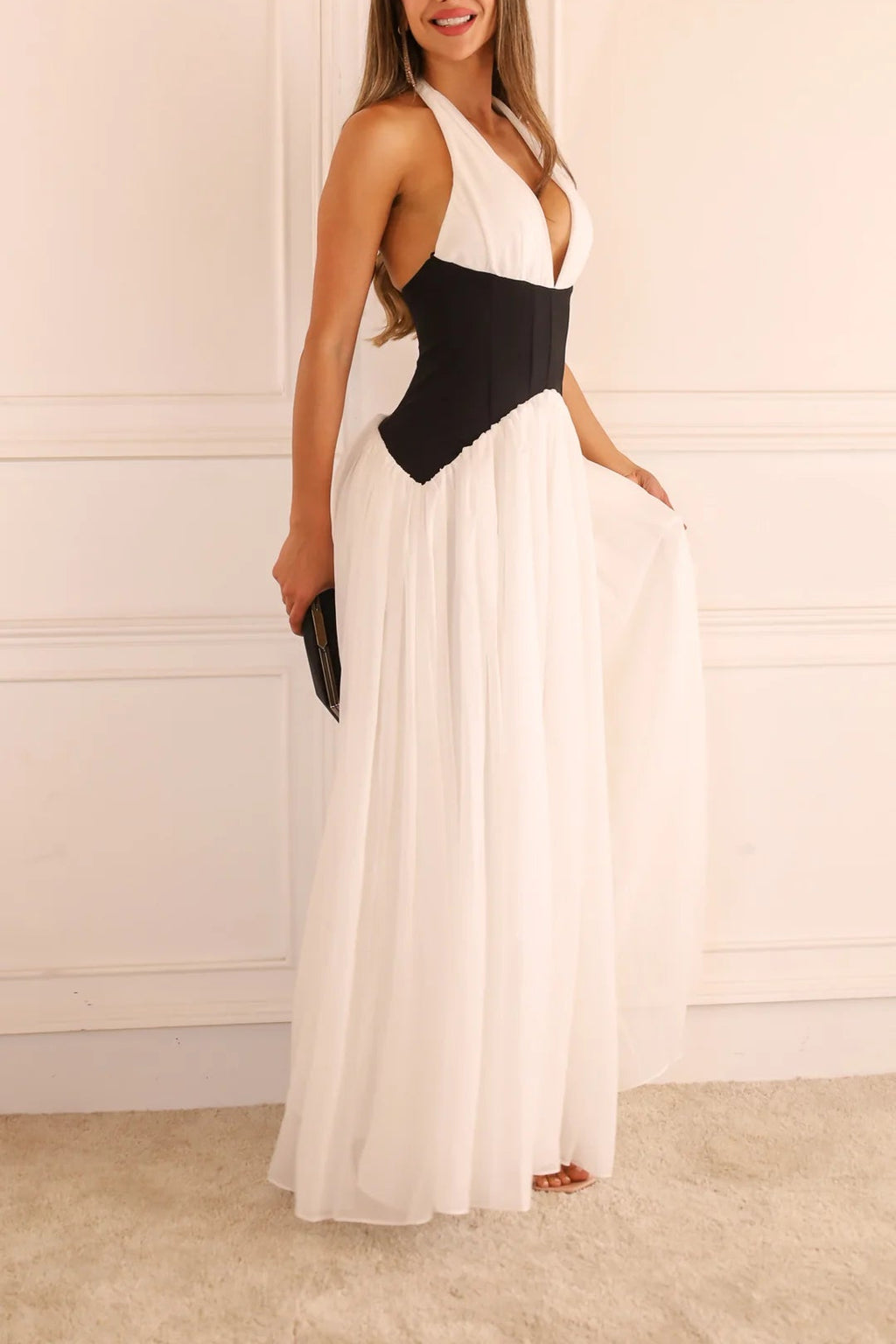 Ivory & Black Halter Pleated Maxi Dress