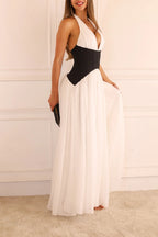 Ivory & Black Halter Pleated Maxi Dress