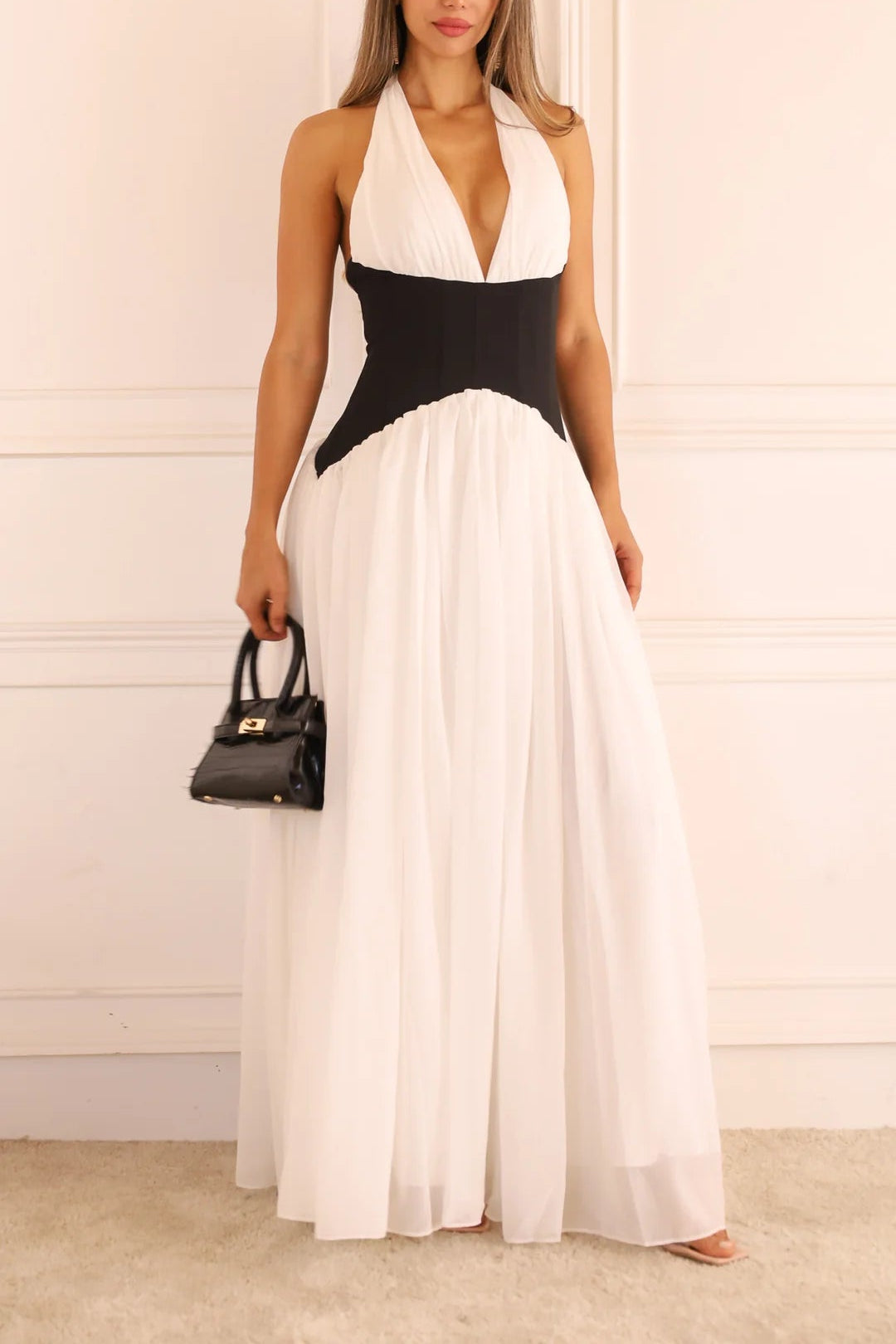 Ivory & Black Halter Pleated Maxi Dress