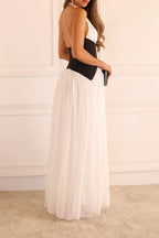 Ivory & Black Halter Pleated Maxi Dress