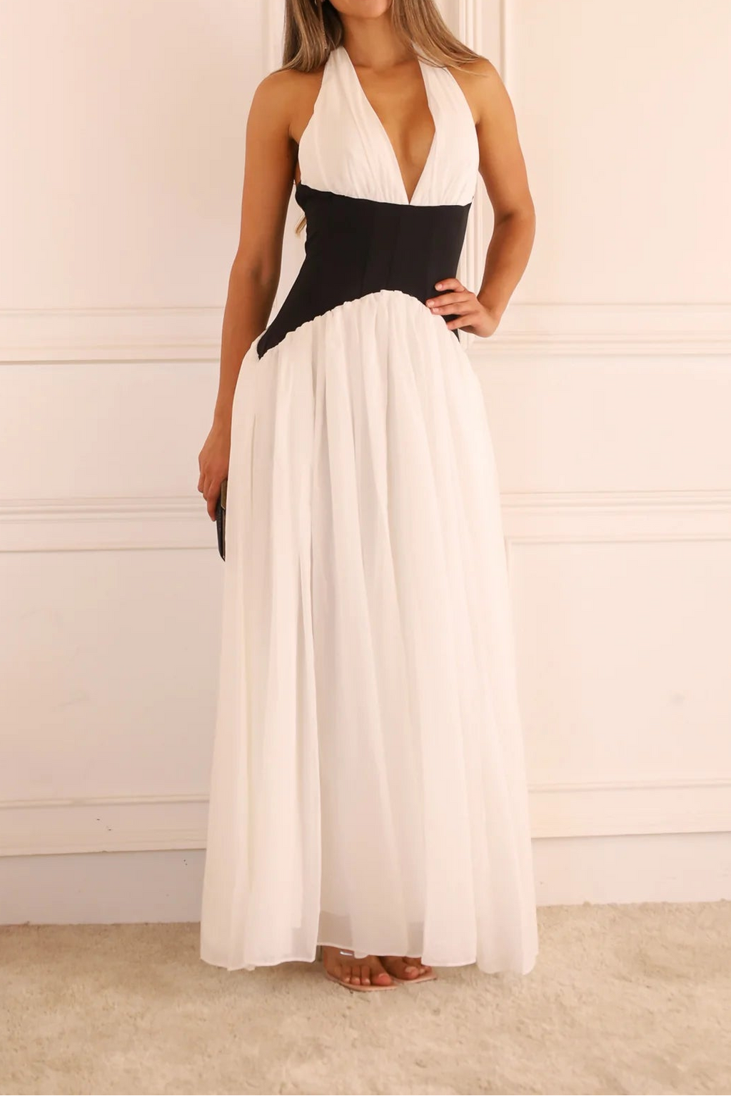 Ivory & Black Halter Pleated Maxi Dress