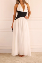 Ivory & Black Halter Pleated Maxi Dress
