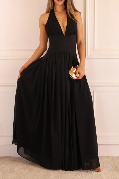 Black Halter Pleated Maxi Dress