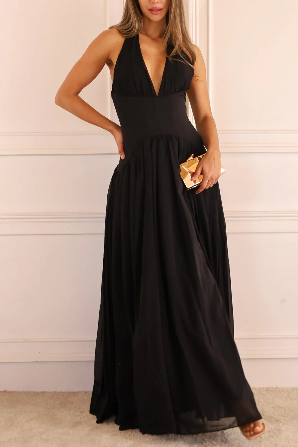 Black Halter Pleated Maxi Dress