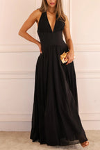 Black Halter Pleated Maxi Dress