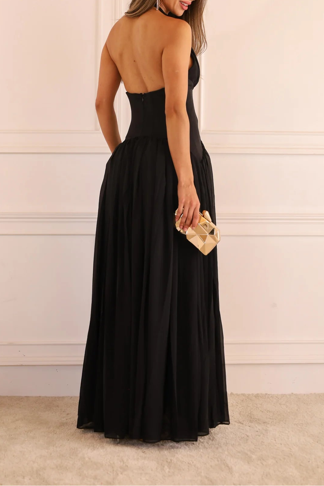 Black Halter Pleated Maxi Dress