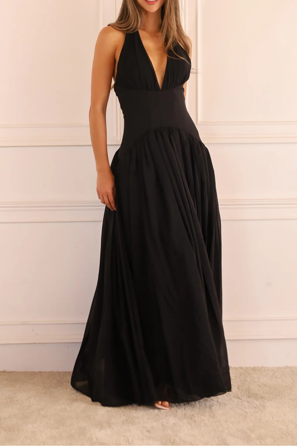 Black Halter Pleated Maxi Dress